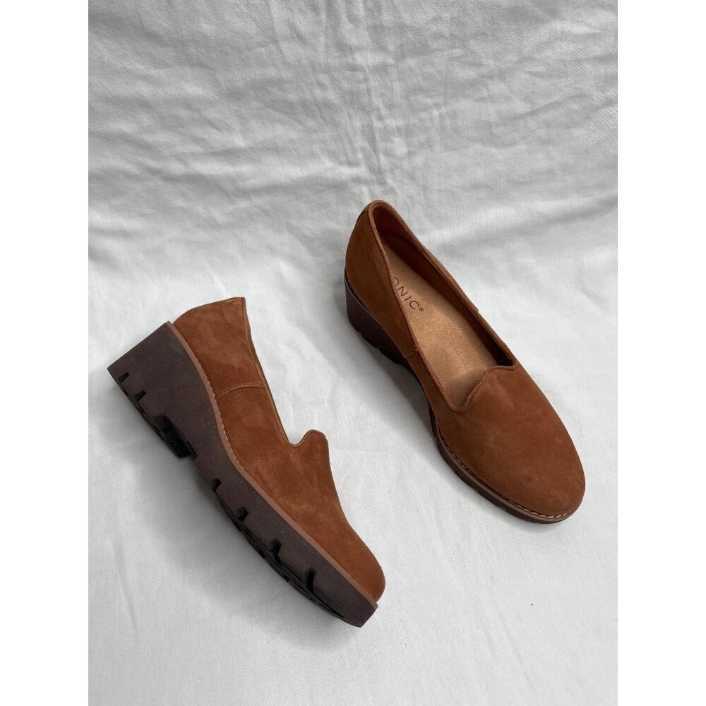 Vionic Willa Wedge Water-Repellent Brown Suede Slip-On Chunky Loafer 7.5